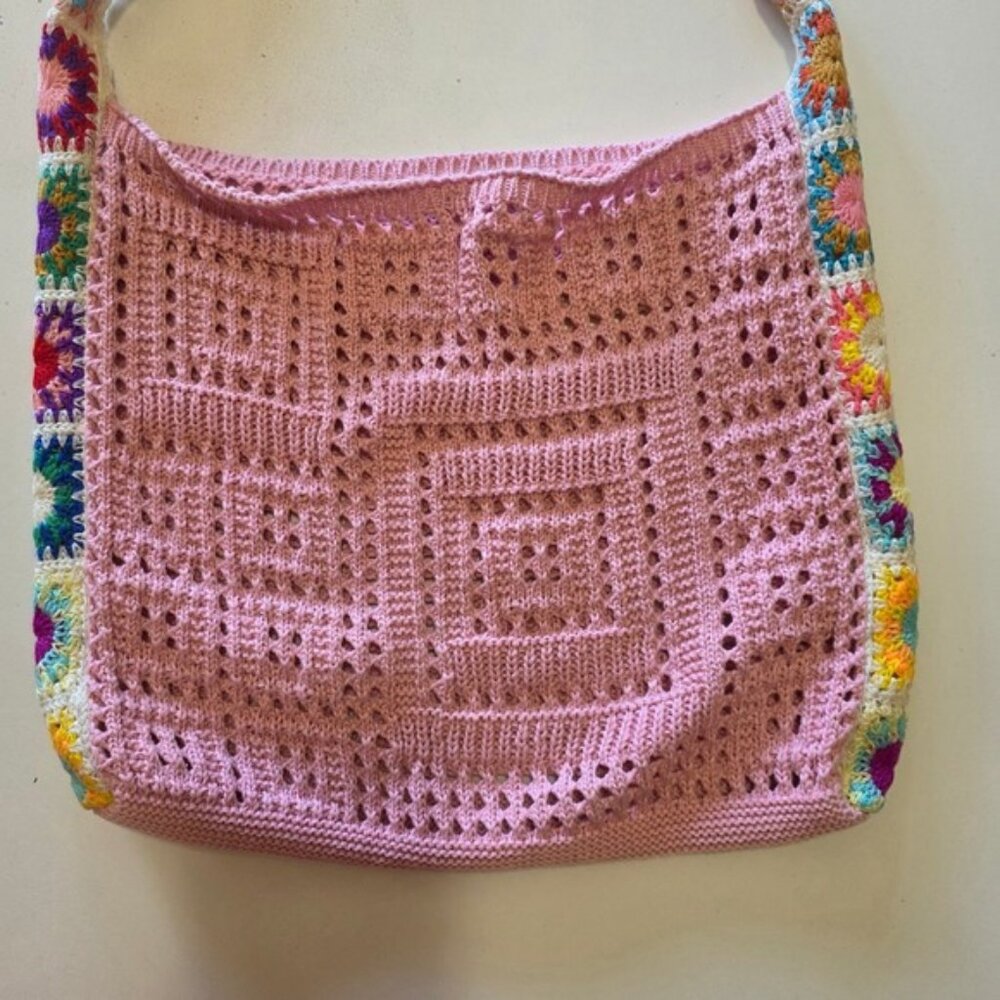 Pink Crochet Granny Square Shoulder Bag Knit Hobo Hippie Boho Purse